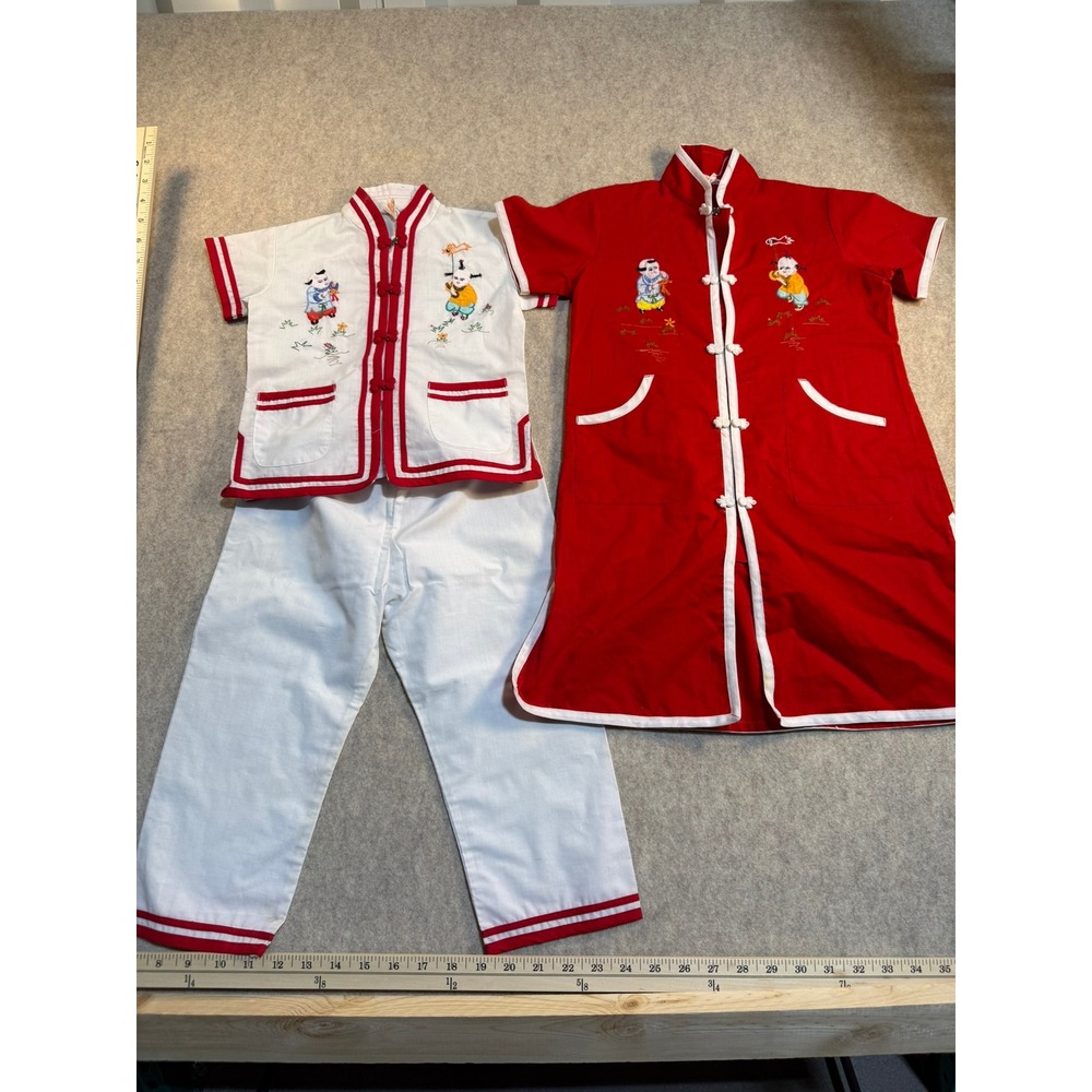 (2) Vintage Plum Blossoms Kids Chinese Embroidered Outfit Set Red White Size 4 6